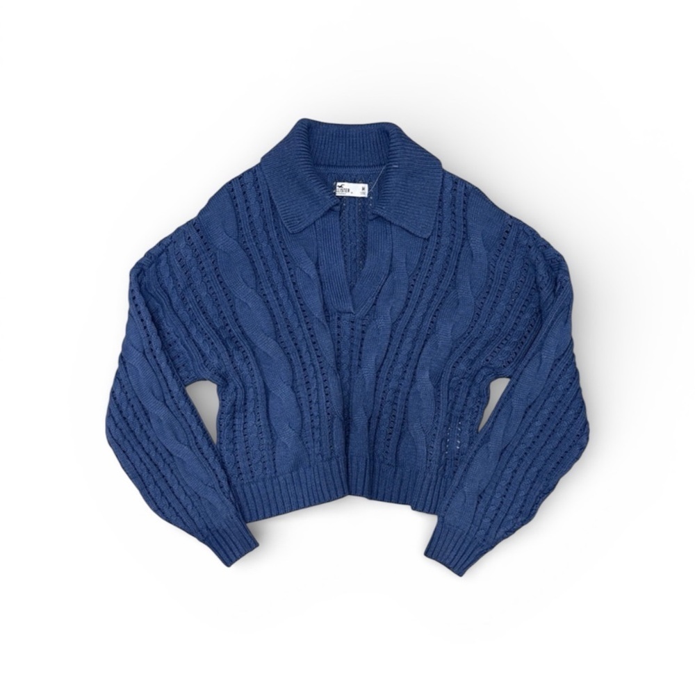102. Hollister Women’s Vintage Collar Y2K Navy V-Neck Cable Knit Sweater Size M